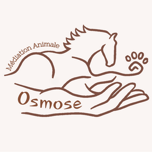 logo association osmose spécialisé en médiation animale et équithérapie logo avec une main un cheval des pattes de chien le texte osmose et médiation animale